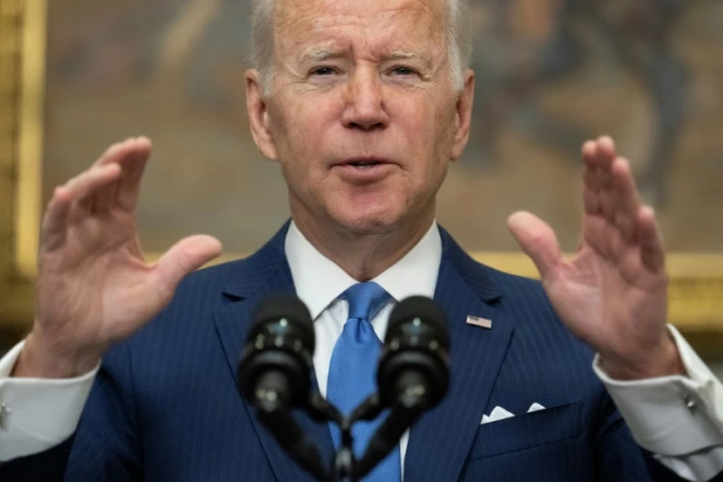 Le président Joe Biden annonçant une rallonge budgétaire massive pour l'Ukraine, jeudi 28 avril 2022 à la Maison Blanche