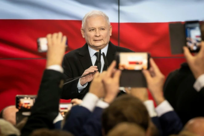 Le chef du parti Droit et Justice (PiS), Jaroslaw Kaczynski, réagit aux premiers résultats au soir des élections législatives polonaises, à Varsovie le 13 octobre 2019