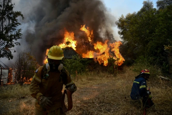 Des pompiers mobilisés contre un incendie à Labiri, près de Patras en Grèce, le 31 juillet 2021