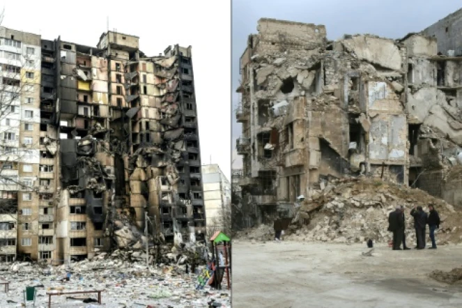 
Un immeuble endommagé après un bombardement en Ukraine, à Kharkiv, le 8 mars 2022 (gauche) et un immeuble détruit dans la vieille ville syrienne d'Alep, le 17 décembre 2016 (droite)