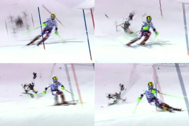 Photos montage avec le crash du drone (g) derrière l'Autrichien Marcel Hirscher lors de la 2e manche du slalom de Madonna (Italie), le 23 décembre 2015