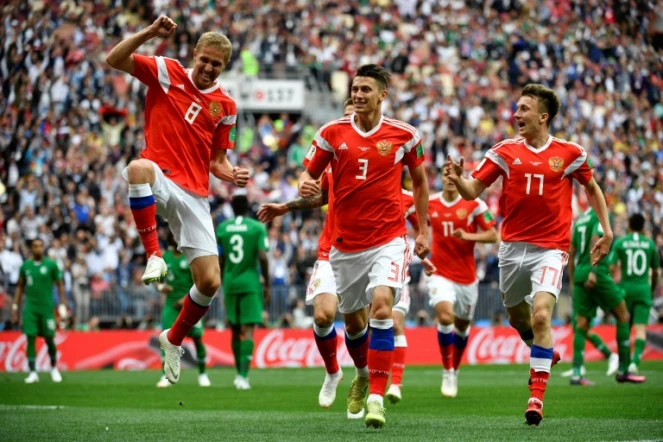 Le Russe Yuri Gazinskiy vient d'ouvrir le score contre l'Arabie Saoudite en match d'ouverture de la Coupe du monde, le 14 juin 2018 à Moscou   