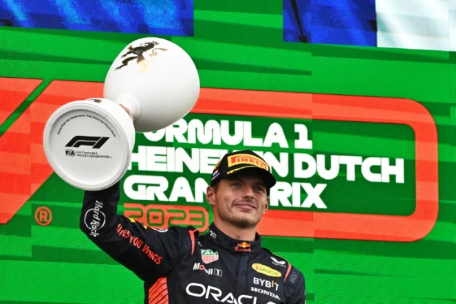 Le pilote néerlandais Max Verstappen, vainqueur de sa 9e course consécutive, au GP des Pays-Bas, le 27 août 2023 à Zandvoort