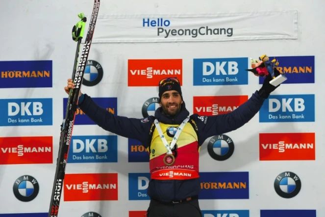 Martin Fourcade, le 4 mars 2017 après sa victoire lors de la poursuite de Pyeongchang