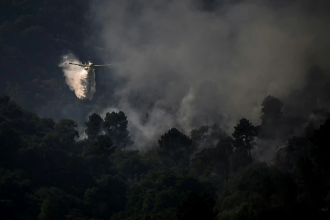 Un avion de lutte contre les incendies Air Tractor AT-802F "Fire Boss" largue de l'eau sur un feu de forêt près du village de Murca dans le nord du Portugal, le 20 juillet 2022