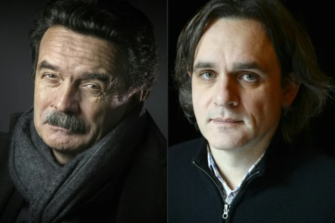 Montage photo d'Edwy Plenel, directeur de Mediapart (G), en février 2016, et de Riss, directeur de Charlie Hebdo, en février 2015
