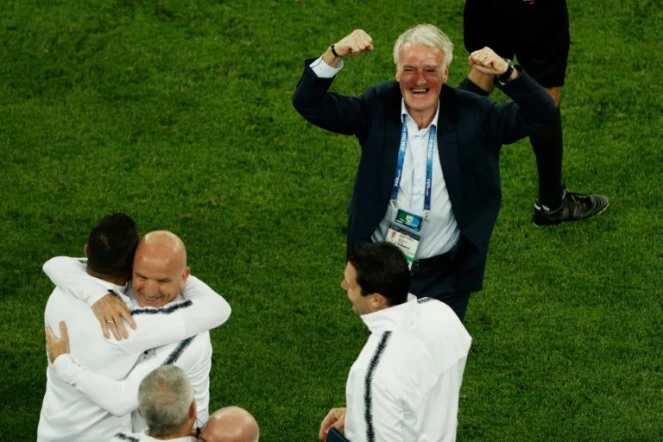 Le sélectionneur Didier Deschamps fou de joie lors de la qualification de la France en finale du Mondial le 10 juillet 2018