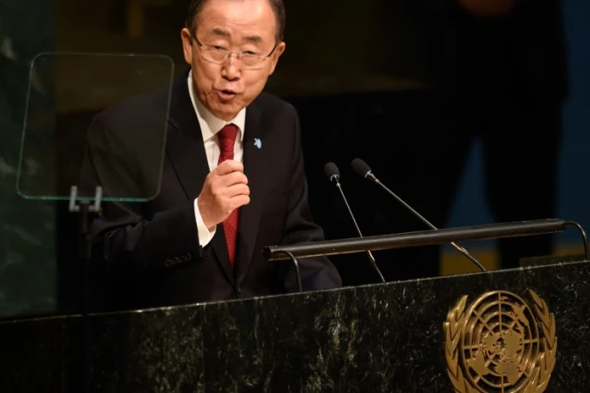 Le secrétaire général de l'ONU Ban Ki-moon à la tribune de l'organisation à New York, le 28 septembre 2015