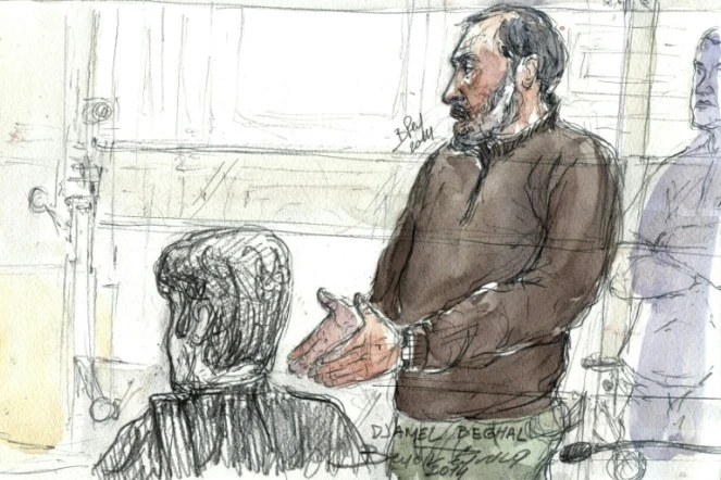 Croquis d'audience de l'islamiste Djamel Beghal lors de son procès, le 7 octobre 2014 à Paris