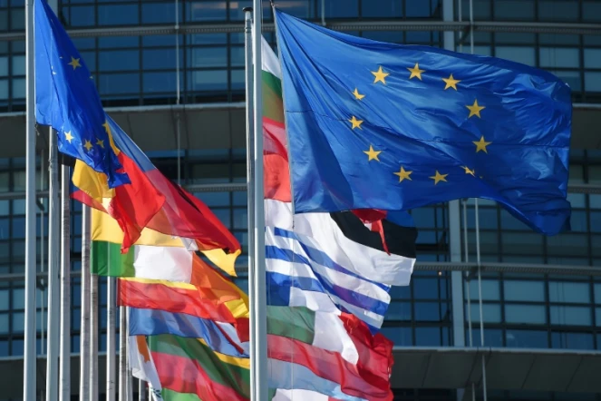 Les drapeaux européens et des pays membres de l'UE devant le Parlement européen, le 2 juillet 2019 à Strasbourg