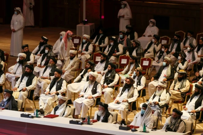 Des membres de la délégation talibane aux pourparlers de paix avec le gouvernement afghan, à Doha le 12 septembre 2020