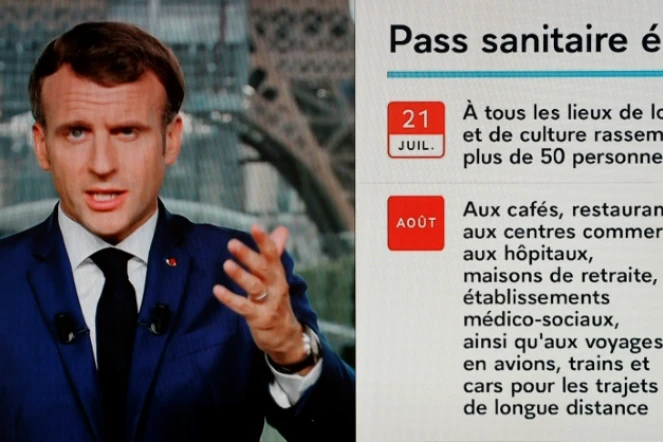 Le président français Emmanuel Macron s'exprime lors d'un discours télévisé à Paris, le 12 juillet 2021.