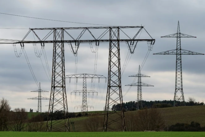 Des pylônes pour des lignes de 380kV (d et g, pas encore installées) entourent des pylônes de 110 kV, près de Golzow, le 3 décembre 2021 en Allemagne