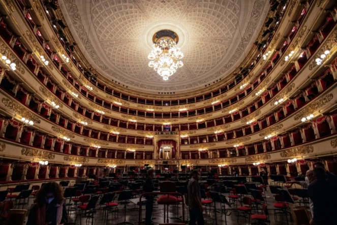 L'auditorium de la 
Scala avant une répétition à Milan, le 7 mai 2021