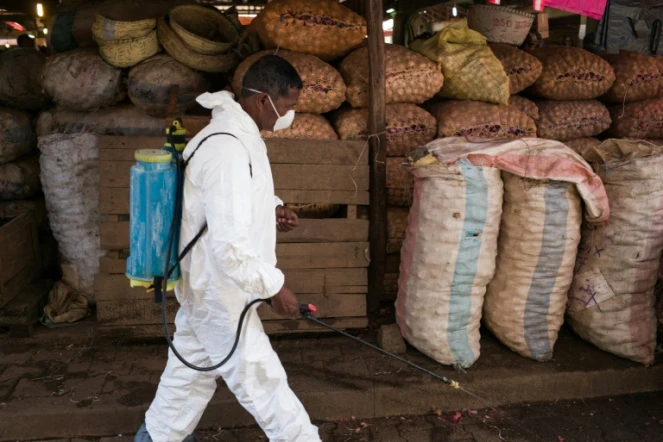 Un employé municipal désinfecte un marché d'Antananarivo le 10 octobre 2017 pour lutter contre la peste qui a déjà fait 74 morts à Madagascar.