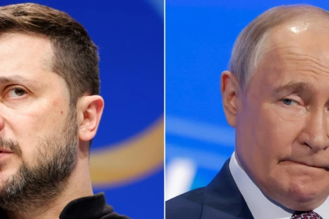 Combinaison de photos faite le 12 mai 2025 du président ukrainien Volodymyr Zelensky (à gauche, le 11 juin 2024 à Berlin) et de son homlogue russe Vladimir Poutine (le 18 mars 2025 à Moscou)