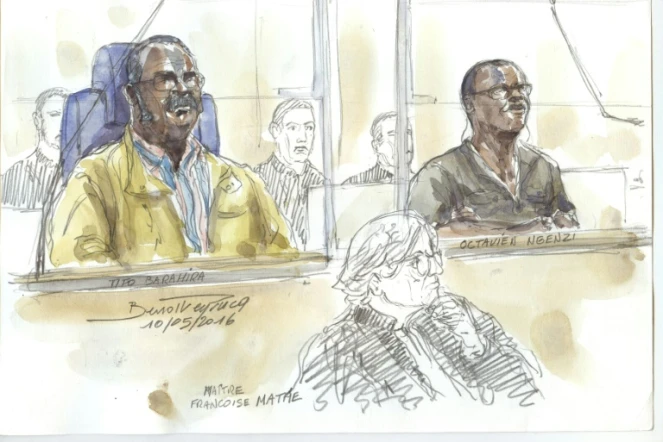 Croquis d'audience datant du 10 mai 2016 du procès, à Paris, de Tito Barahira (g) et Octavien Ngenzi 
