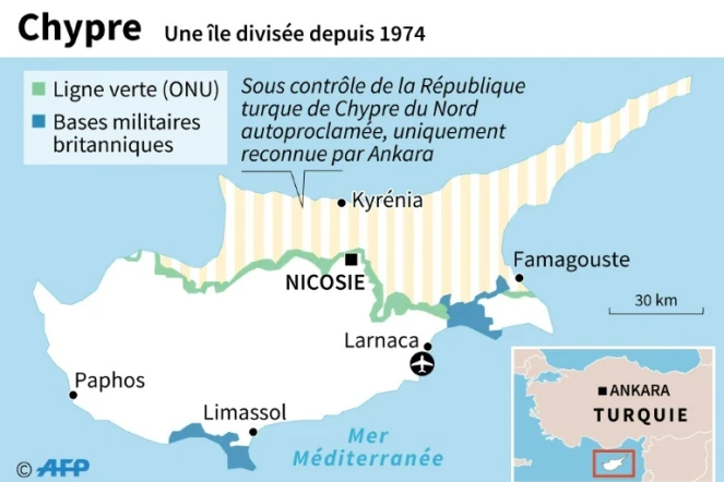 Carte de Chypre, divisée depuis 1974