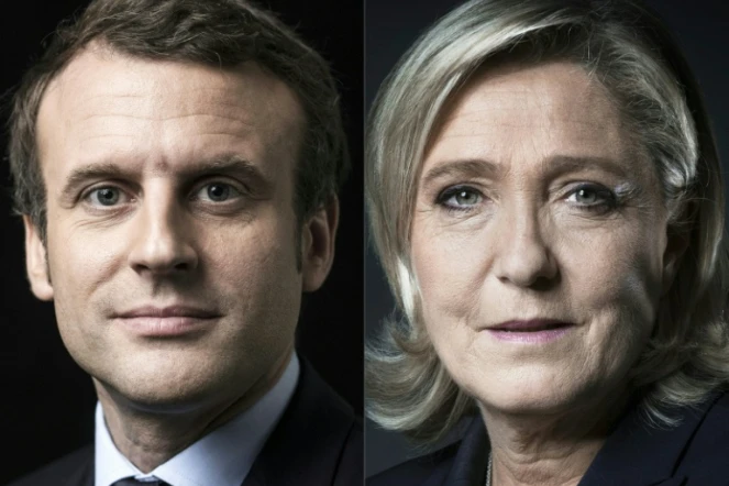 Combo réalisé le 3 avril 2017 des deux candidats en tête des sondages de la présidentielle, Emmanuel Macron, le candidat d'En marche! (G) et la présidente du Front national Marine Le Pen.