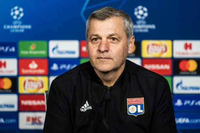 L'entraîneur de Lyon Bruno Genesio en conférence de presse le 18 février 2019 veille du match face au FC Barcelone en Ligue des champions