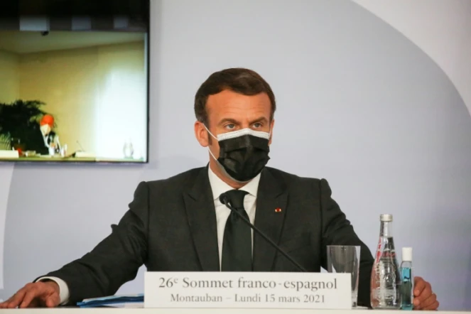 Le président français Emmanuel Macron à Montauban le 15 mars 2021