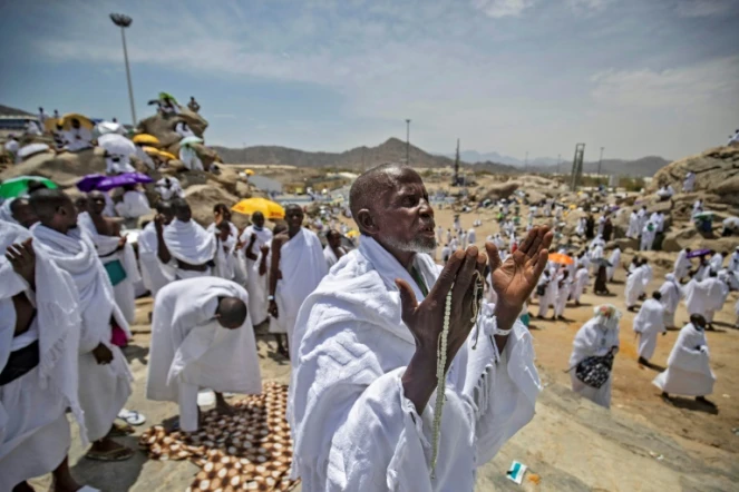 Des fidèles prient au mont Arafat, au sud-ouest de La Mecque, lors du grand pèlerinage le 8 juillet 2022