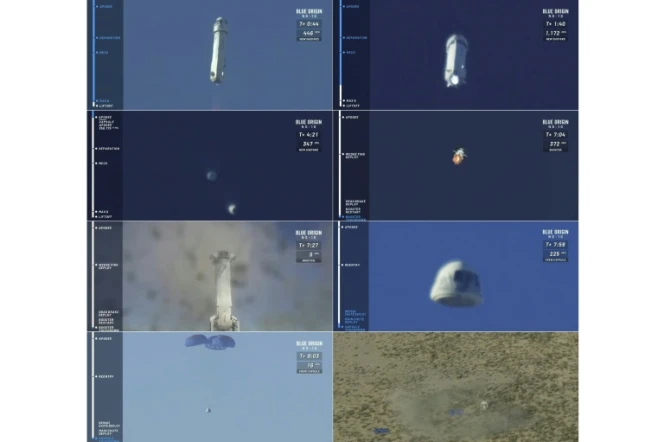 Montage d'images tirées d'une vidéo lors du 10e vol d'essai de la fusée New Shepard de Blue Origin, le 23 janvier 2019 au Texas