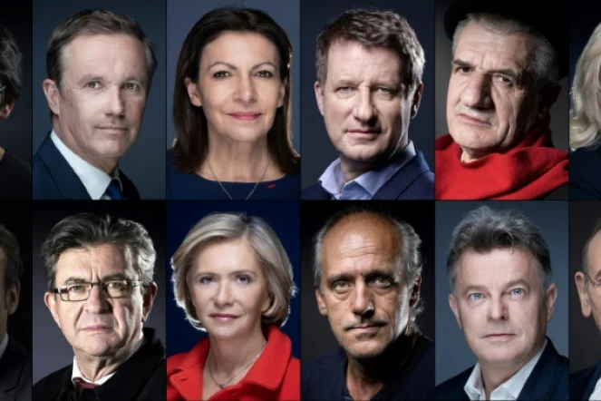 (de g à d) Nathalie Arthaud, Nicolas Dupont-Aignan, Anne Hidalgo, Yannick Jadot, Jean Lassalle, Marine Le Pen, Emmanuel Macron, Jean-Luc Mélenchon, Valérie Pécresse, Philippe Poutou, Fabien Roussel et Eric Zemmour