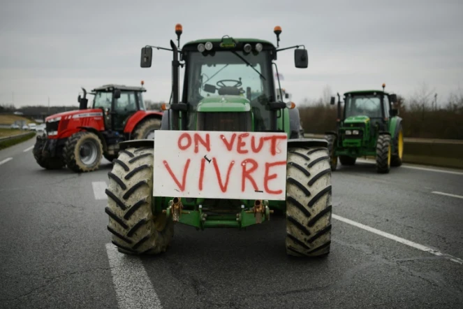 Des agriculteurs bloquent l'accès à Rennes pour protester contre la baisse du prix du lait et de la viande, le 17 février 2016