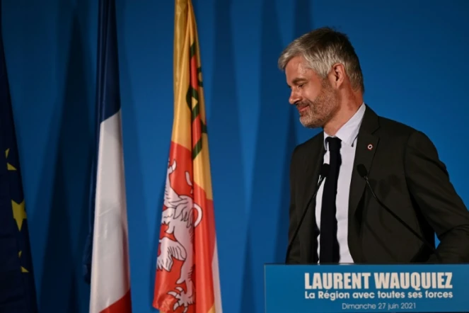 Laurent Wauquiez lors d'une conférence de presse après le second tour des élections régionales, à Lyon, le 27 juin 2021