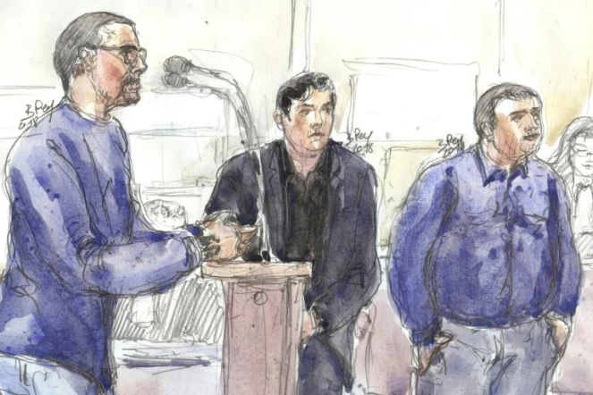 Croquis d'audience montrant Samuel Dufour (G), Esteban Morillo (C) et Alexandre Eyraud (D) lors de leur procès à Paris le 4 septembre 2018