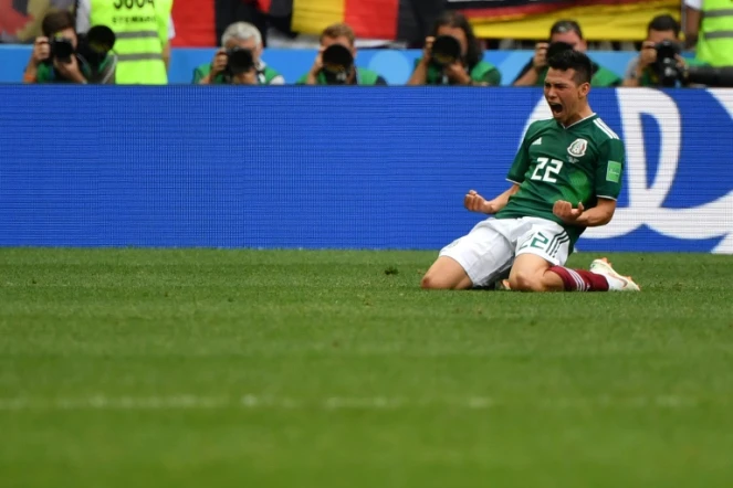 L'attaquant mexicain Hirving Lozano exulte après son but contre l'Allemagne lors du Mondial, le 17 juin 2018 à Moscou