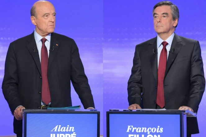 Photomontage fait le 21 novembre 2016 de photo d'Alain Juppé (g) et François Fillon, candidats à la primaire de droite 