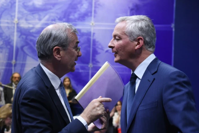 Le gouverneur de la Banque de France Francois Villeroy de Galhau et le ministre de l'Economie Bruno Le Maire, lors d'une conférence à Paris le 16 juillet 2019