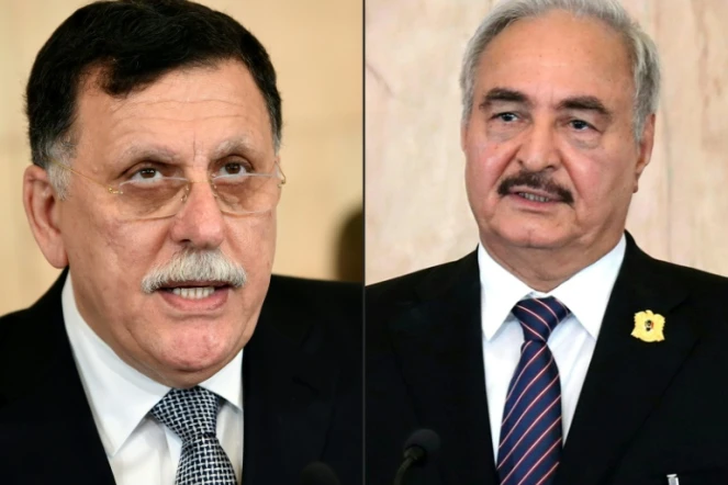 Les deux rivaux libyens, le chef du GNA Fayez al-Sarraj (à gauche), et le maréchal Khalifa Haftar