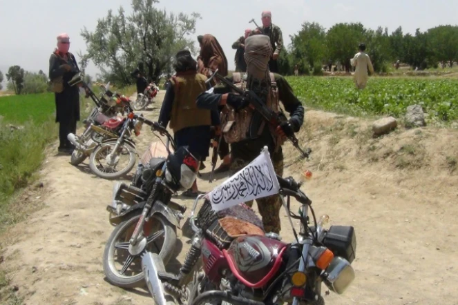 Des combattants de la milice talibane dans le district d'Ahmad Aba à la périphérie de Gardez, la capitale de la province de Paktia en Afghanistan, le 18 juillet 2017