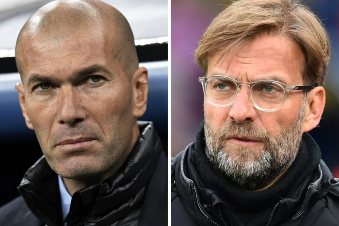 Photo montage des entraîneurs du Real Madrid Zinédine Zidane (g) et de Liverpool Jürgen Klopp, le 23 mai 2018 à Paris 