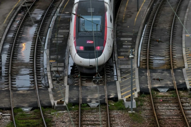 Un train TGV InOui est stationné dans la gare de triage de Charenton-le-pont, pendant une grève des contrôleurs, à Paris, le 16 février 2024