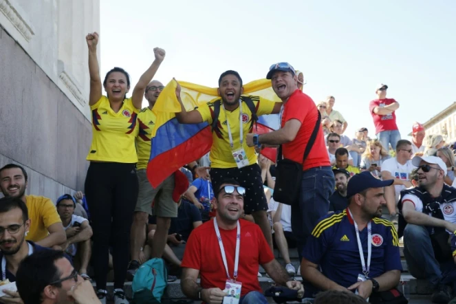 Des supporters colombiens en liesse dans la fan zone de Volgograd lors du match contre le Japon, le 19 juin 2018