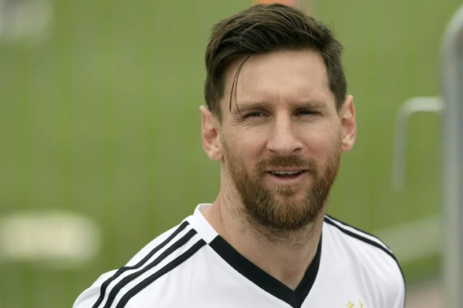 La star de l'Argentine Lionel Messi lors d'un entraînement, le 13 juin 2018 à Bronnitsy près de Moscou