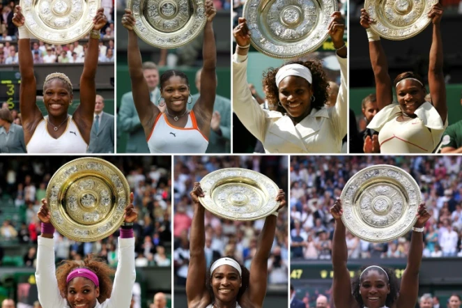 Photomontage, réalisé le 12 juillet 2019, représentant les 7 titres déjà remportés par Serena Williams sur le gazon londonien de Wimbledon