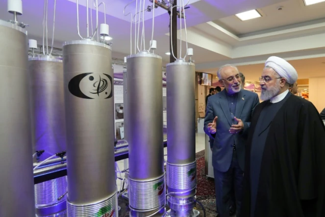 Le président iranien Hassan Rohani avec le directeur de l'agence nucléaire iranienne Ali Akbar Salehi lors de la journée de l'énergie nucléaire le 9 avril 2019 à Téhéran