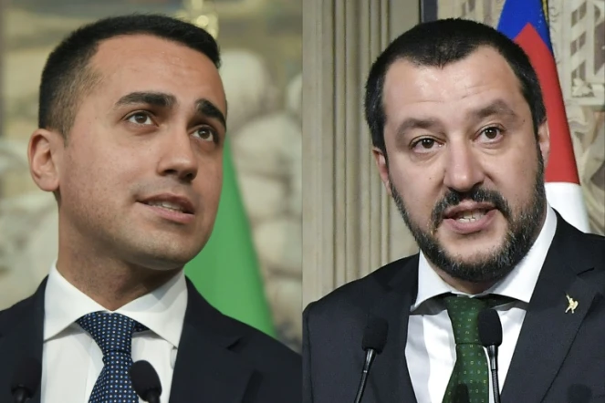 Montage créé le 10 mai 2018 montrant Luigi Di Maio, leader du M5S (gauche) et le chef de la Ligue Matteo Salvini (droite)