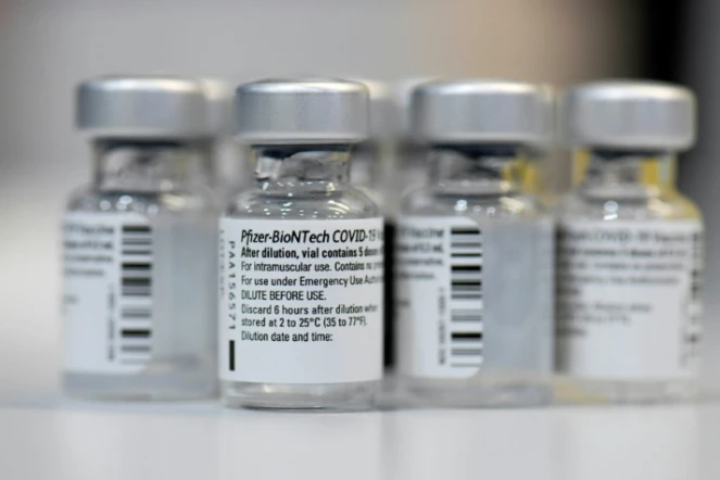 Des flacons vides du vaccin anti-Covid Pfizer-BioNTech, au centre de vaccination régional, le 22 janvier 2021 à Lduwigsburg (Allemagne)