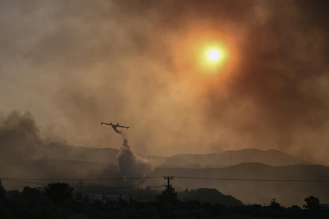 Un avion Canadair largue sa cargaison d'eau sur un incendie de forêt à Gennadi, sur l'île de Rhodes, le 25 juillet 2023 en Grèce