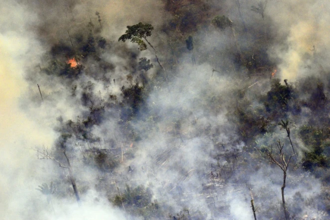 Photo aérienne montrant un panache de fumée qui s'élève d'un incendie dans la forêt amazonienne au nord-est du Brésil, le 26 août 2019