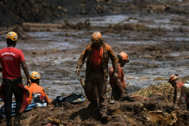 Des sauveteurs à la recherche de victimes le 28 janvier 2019 dans la couleé de boue provoquée par la rupture d'un barrage minier près de Brumadinho, dans le sud-est du Brésil
