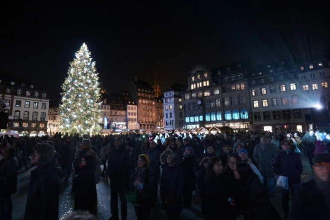 La foule devant un sapin de Noël à Strasbourg pour l'ouverture du marché de Noël le 28 novembre 2014