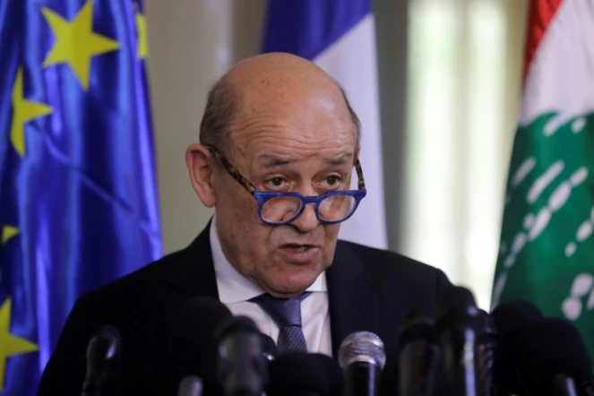 Jean-Yves Le Drian le ministre français des Affaires étrangères lors d'une conférence de presse à Beyrouth, le 23 juillet 2020