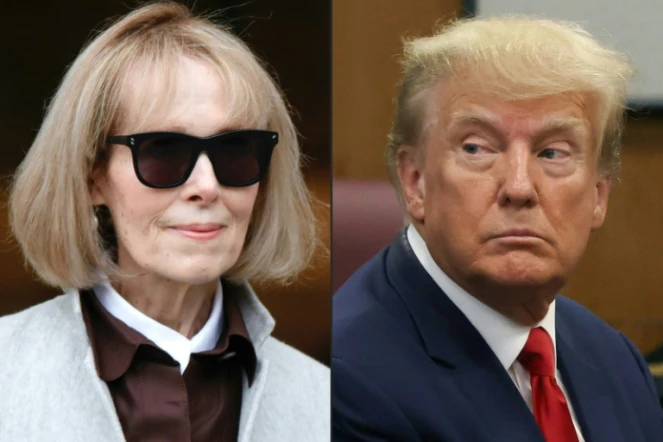 Combinaison de photos montrant la journaliste E. Jean Carroll à New York le 25 avril 2023 et l'ancien président américain Donald Trump à New York le 4 avril 2023